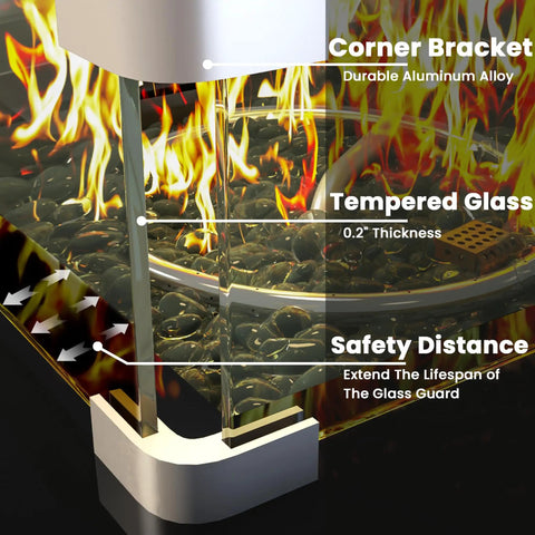 Close-up of Outdoor Gas Fire Pit Table With 28 Inch Rattan Square Design Glass Wind Guard Tempered Glass Top CSA 50000 BTU
