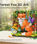 Forest Fox 3D Wall Art Micro Mini Building Blocks Kit With 1539 Pieces displayed on a table, showing detailed orange fox model.