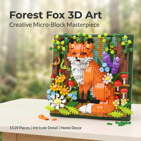 Forest Fox 3D Wall Art Micro Mini Building Blocks Kit With 1539 Pieces displayed on a table, showing detailed orange fox model.