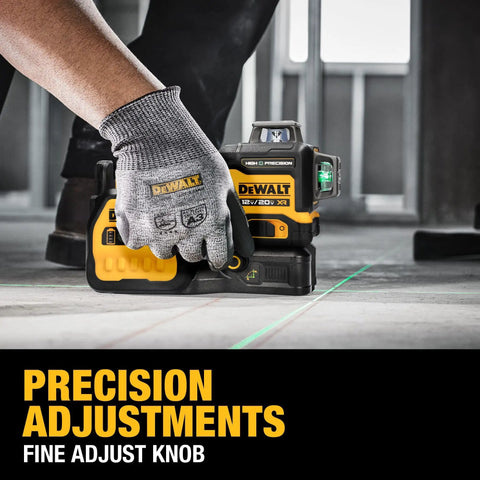 Person adjusting Line Laser Kit For 12V And 20V Max XR Green Three 360 Degree Beams High Precision With Visible Range Pro Jobsite Tool on floor