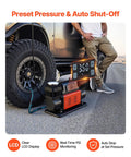 Heavy Duty Dual Cylinder Air Compressor Packed With 10.6 Cfm Quick Fill And Auto Shutoff, LCD display, inflating a tire.