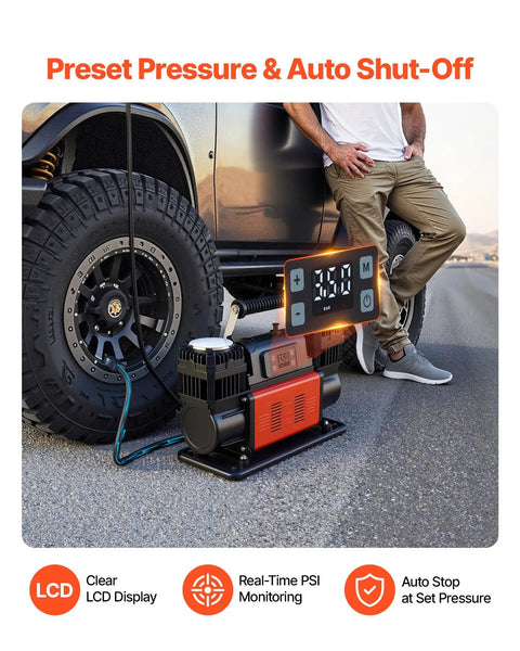 Heavy Duty Dual Cylinder Air Compressor Packed With 10.6 Cfm Quick Fill And Auto Shutoff, LCD display, inflating a tire.