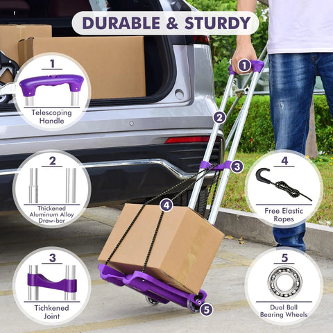 Home-Man folding hand truck, purple aluminum platform cart with 4 wheels and elastic ropes