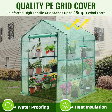 Heavy Duty Walk In Greenhouse For Backyard Growers With Thick Poly Cover And Window, 57 x 57 x 76 Inches, 3 Tiers Eight Shelves, Durable Greenhouse Kit For Indoor Or Outdoor Use