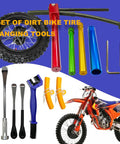 All In One Dirt Bike Tire Change Kit For 16 To 21 Inch Wheels With 15mm 17mm 20mm 25mm Axle Shafts Two 11 Inch Tire Irons A 16 Inch Tire Iron Rim Protectors And Chain Brush Emergency Response Gear displayed with tire tools.