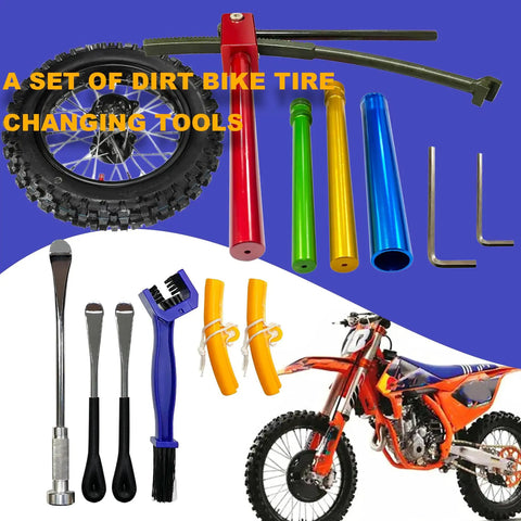 All In One Dirt Bike Tire Change Kit For 16 To 21 Inch Wheels With 15mm 17mm 20mm 25mm Axle Shafts Two 11 Inch Tire Irons A 16 Inch Tire Iron Rim Protectors And Chain Brush Emergency Response Gear displayed with tire tools.