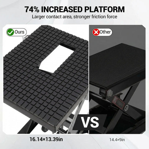 Comparison of platform sizes for Foot Powered Hydraulic Motorcycle Lift Jack With 350 Lbs Capacity No Sweat Easy Lift Wide Deck And Locking Wheels For Motorcycle ATV And Buggy Maintenance Durable Portable For Home Garage Or Shop Use Red