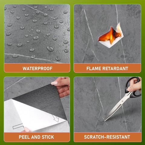 Gray Marble Look Peel And Stick Floor Tiles Self Adhesive Vinyl showing waterproof, flame retardant, peel and stick, scratch-resistant features