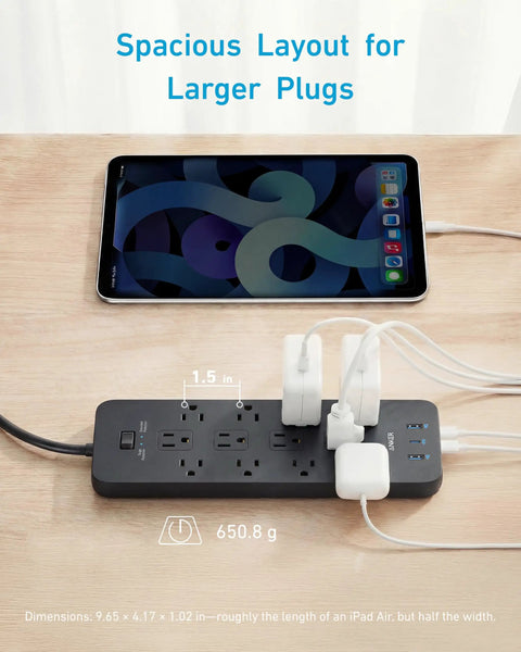 Power Strip With 2100J Surge Protector And 5ft Extension Cord, 12 AC Outlets, USB ports, tablet connected, on wooden desk