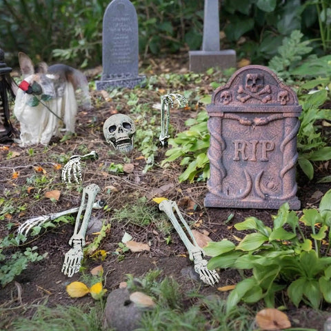 Halloween Skeleton Stakes Pack Of 5 Realistic Skull Arm And Leg Yard Props for outdoor lawn decor with tombstone backdrop