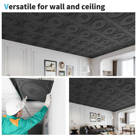 12 Pack Drop Ceiling Tiles 2x2 Ft Dope Black PVC Panels For Interior Kitchen Bathroom Basement Easy Install Waterproof Lightweight 24x24 Inch Decorative Ceiling Tiles For T Bar Grids