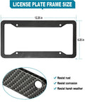 Dope Carbon Fiber Look License Plate Frames 2 Pack dimensions with rust, corrosion resistance features shown