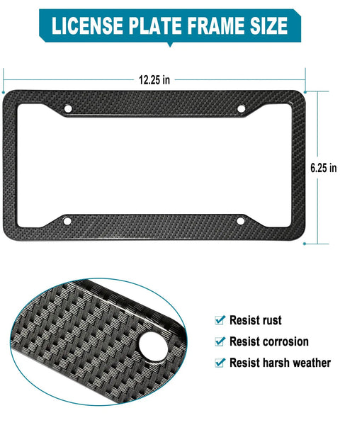 Dope Carbon Fiber Look License Plate Frames 2 Pack dimensions with rust, corrosion resistance features shown