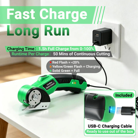 4V Cordless Electric Scissors Rechargeable Box Cutter With 2000mAh Battery charging at wall outlet with USB-C cable.