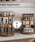 Smooth Spin Two Tier Lazy Susan Spice Rack Organizer With Adjustable Height For Kitchen Counter And Cabinet Storage Rustic Brown Finish showing height adjustment feature with spices and oils.