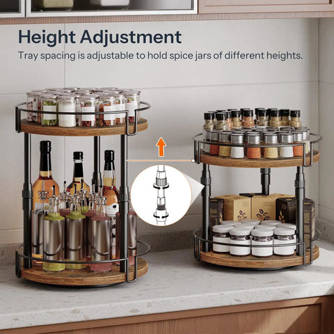 Smooth Spin Two Tier Lazy Susan Spice Rack Organizer With Adjustable Height For Kitchen Counter And Cabinet Storage Rustic Brown Finish showing height adjustment feature with spices and oils.