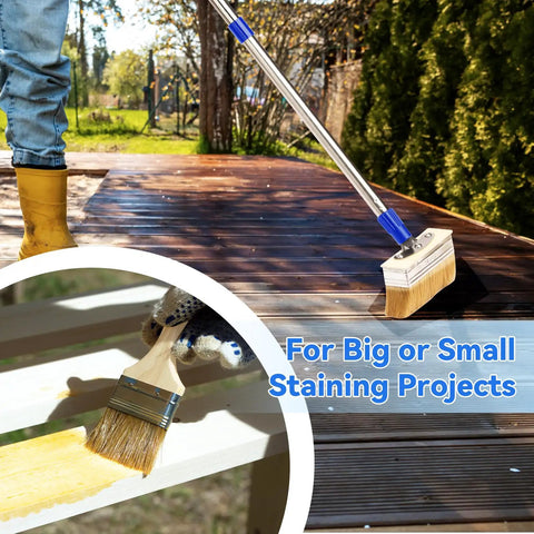 Person using 7 Inch Deck Stain Brush Kit With 60 Inch Long Handle And 3 Inch Small Brush For Wood Stains Oils Decking Fence Coatings