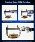 Front view of a stainless steel 6-inch digital caliper with ABS function and LCD display measuring a wooden block