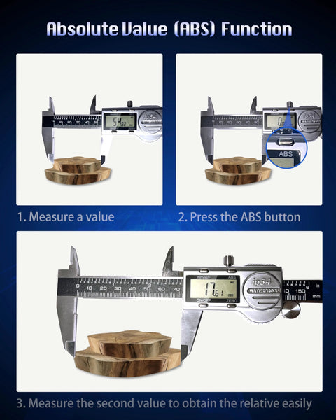 Front view of a stainless steel 6-inch digital caliper with ABS function and LCD display measuring a wooden block