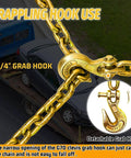Close-up of G70 clevis grab hook on G80 Tow Chain One Quarter Inch by Twenty Foot for towing heavy duty trailer safety