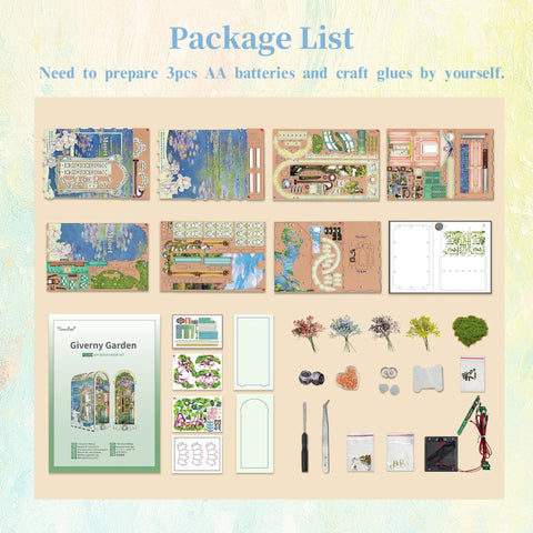 DIY Book Nook Kit For Grownups 3D Wooden Miniature House Puzzle With LED Lights Giverny Garden Edition package contents