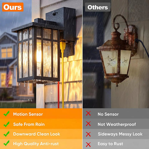 Heavy Duty Matte Black Motion Sensor Outdoor Wall Light With Built In GFCI Outlet installed on a wet wall during rain, showcasing its waterproof feature.