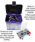 Durable 4 Drawer Tool Box With 19 Compartment Organizer showing open top with tools and transparent removable organizer for small items.