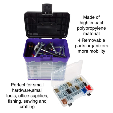 Durable 4 Drawer Tool Box With 19 Compartment Organizer showing open top with tools and transparent removable organizer for small items.