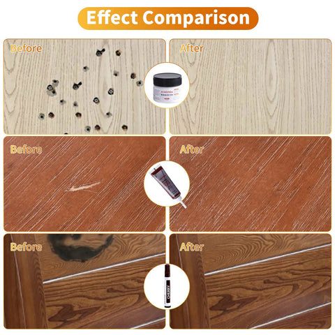 Before and after wood surfaces using Ultimate Diy Friendly Wood Floor Scratch Repair Kit With 39 Piece Set Including 18 Wood Fillers And 8 Furniture Markers, 7 Brushes, 2 Scrapers, Wood Putty And Color Chart For Scratches, Stains, Holes, And Restoring Laminate Vinyl Veneer And Cabinets
