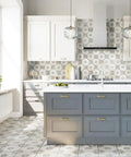 Kitchen interior with Blume Sage Ceramic Floor And Wall Tile 17.63 In Square Glazed With Subtle Texture And Low Sheen Grade One First Quality.