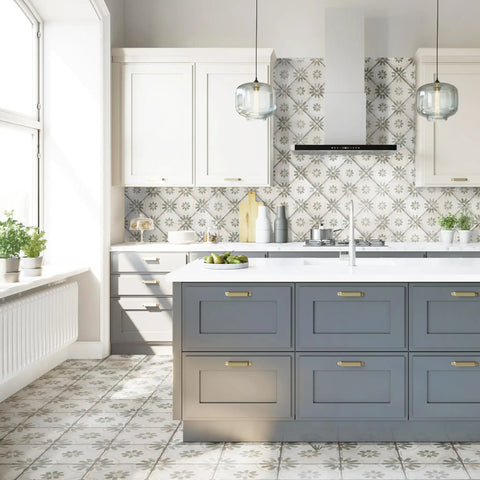 Kitchen interior with Blume Sage Ceramic Floor And Wall Tile 17.63 In Square Glazed With Subtle Texture And Low Sheen Grade One First Quality.