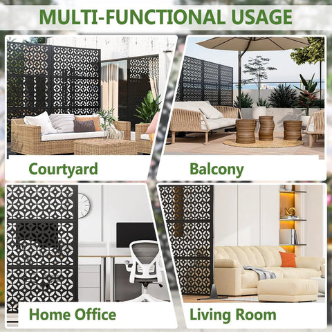 Outdoor Metal Privacy Screen Dope 72 Inch Tall by 46 Inch Wide Freestanding Decorative Fence Panel in various settings