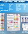 No Sweat 21-In-1 Home Water Test Kit With 145 Strips And Four Bacteria Checks For Tap Or Well Water showing test strips and instructions.