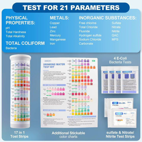 No Sweat 21-In-1 Home Water Test Kit With 145 Strips And Four Bacteria Checks For Tap Or Well Water showing test strips and instructions.