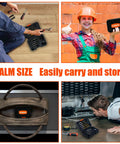Collage featuring 11 Pcs Left Hand Screw Extractor Set with quick adapter in use, being carried, and stored in a sturdy case.