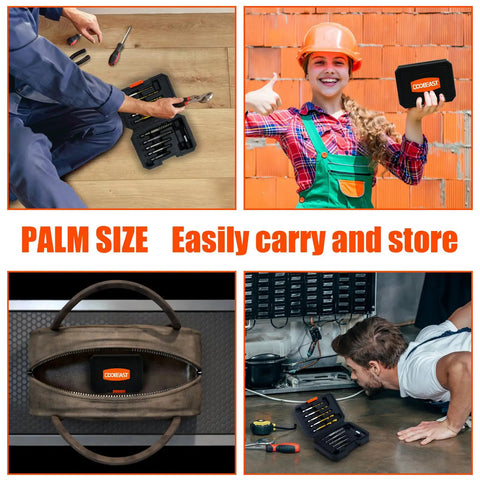 Collage featuring 11 Pcs Left Hand Screw Extractor Set with quick adapter in use, being carried, and stored in a sturdy case.