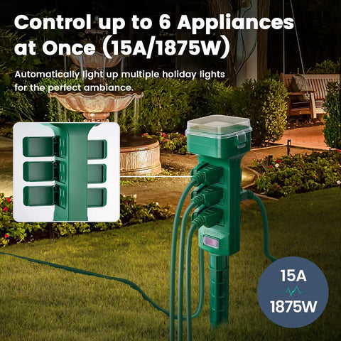 Heavy Duty Outdoor Power Stake Timer With Six Weather Resistant Outlets Mechanical Dial Schedule Keeper For Pond Pumps And Yard Gear Straight Up Solid Build Zero Hassle Programming Just Plug It In And Get Back To Business in a garden with multiple outlets and a safety breaker.