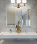 22 Inch Brass Gold Black White 3 Light LED Wall Sconce Vanity Lighting With Clear Glass Globe Shades For Bathroom Mirror And Hallway Modern Vibe Sleek Contemporary UL Listed above dual vanity mirrors
