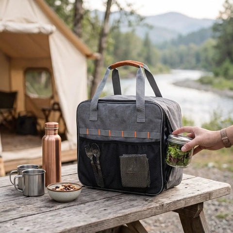 Built Tough Camping Gas Tank Bag With 320D Cationic Fabric on picnic table near a tent by a river