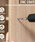 Tough As Nails Flat Head Zinc Coated Steel Screws For Particle Board And Cabinet Hinges being drilled into wood.