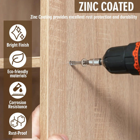 Tough As Nails Flat Head Zinc Coated Steel Screws For Particle Board And Cabinet Hinges being drilled into wood.