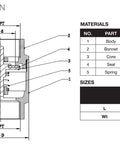 Technical diagram of Inline Lead-Free Check Valve G31SL Three Quarters Inch, showing materials and dimensions