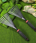 Nine Tines Metal Garden Hand Rake Set For Yard Lawn And Flower Beds Mini Cultivator Tools With Easy Grip Handle on grass surface