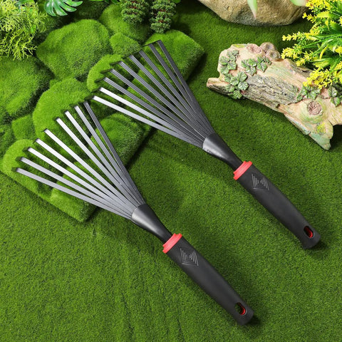 Nine Tines Metal Garden Hand Rake Set For Yard Lawn And Flower Beds Mini Cultivator Tools With Easy Grip Handle on grass surface