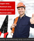 Wire Stripper Cutter And Stripping Tool 8 Inch Multi Function Hand Tool held by worker for 10 to 22 AWG copper and aluminum wires