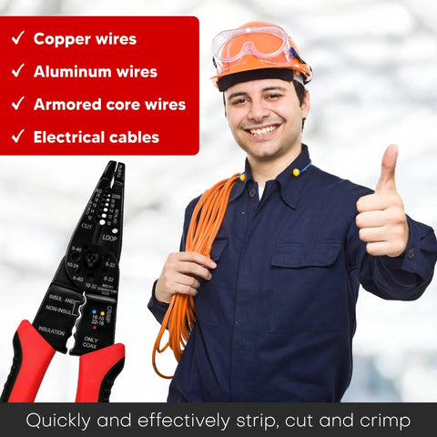 Wire Stripper Cutter And Stripping Tool 8 Inch Multi Function Hand Tool held by worker for 10 to 22 AWG copper and aluminum wires