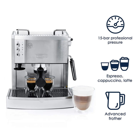 Top Tier 15 Bar Pump Espresso And Cappuccino Machine Brews Smooth Ground Beans Or ESE Pods Quick With Solid Metal Build For Your Kitchen Counter A Total Game Changer That Delivers Serious Bang For Your Buck To Coffee Lovers Everyday, featuring a stainless steel design and dual coffee cups.