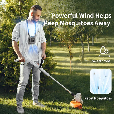 Man using 10000mAh Portable Waist Clip On Fan With 5 Speeds And Built In Flashlight, Hands Free Belt Personal Cooling in garden