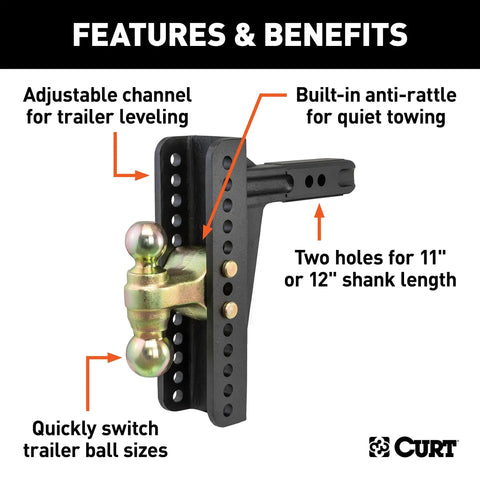 Dual Ball Adjustable Hitch Mount With 2 Inch Shank For Trailer Leveling, 14,000 Lb Towing Capacity, adjustable channel