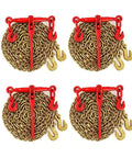 Four 20-Foot Chain And Ratchet Binder Kit For Truck And Trailer Cargo Tie-Downs Includes Four Heavy Chains And Four Adjustable Ratchet Binders In 1/4 To 1/2 Inch Range Built To Strap Down And Secure Loads Like A Pro On The Go. Four gold chains with red ratchet binders and hooks